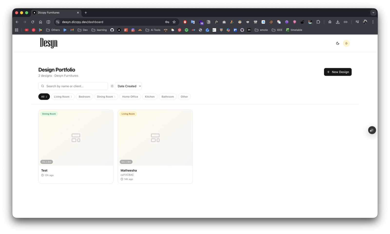 Design portfolio with search, category filters, and sort controls